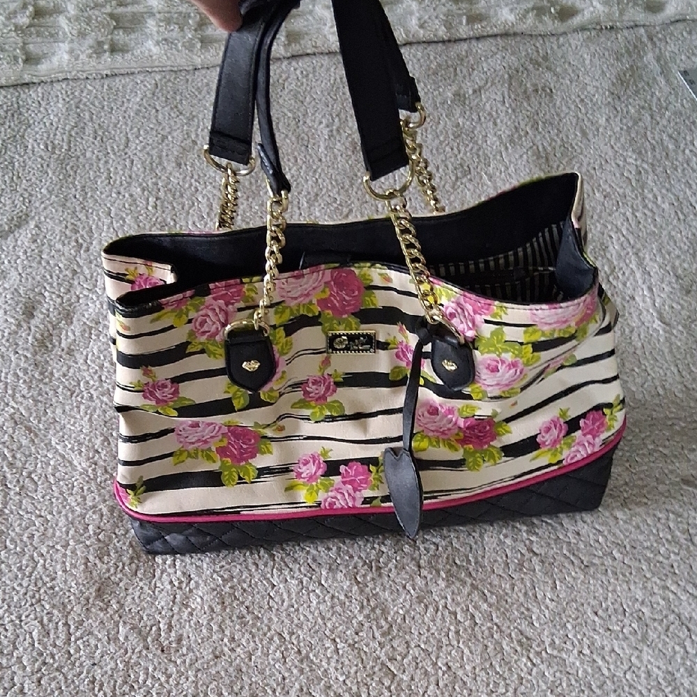 Betsey Johnson Black & Pink Floral Striped Satchel